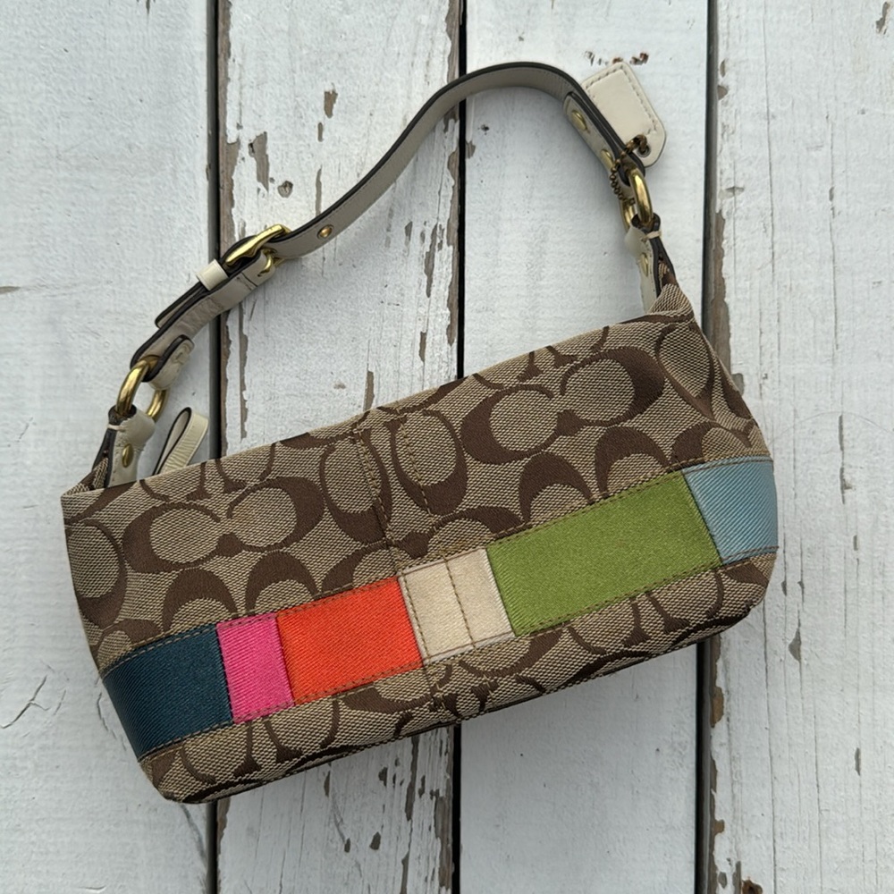Coach Signature Logo Multicolor Stripe Baguette Purse